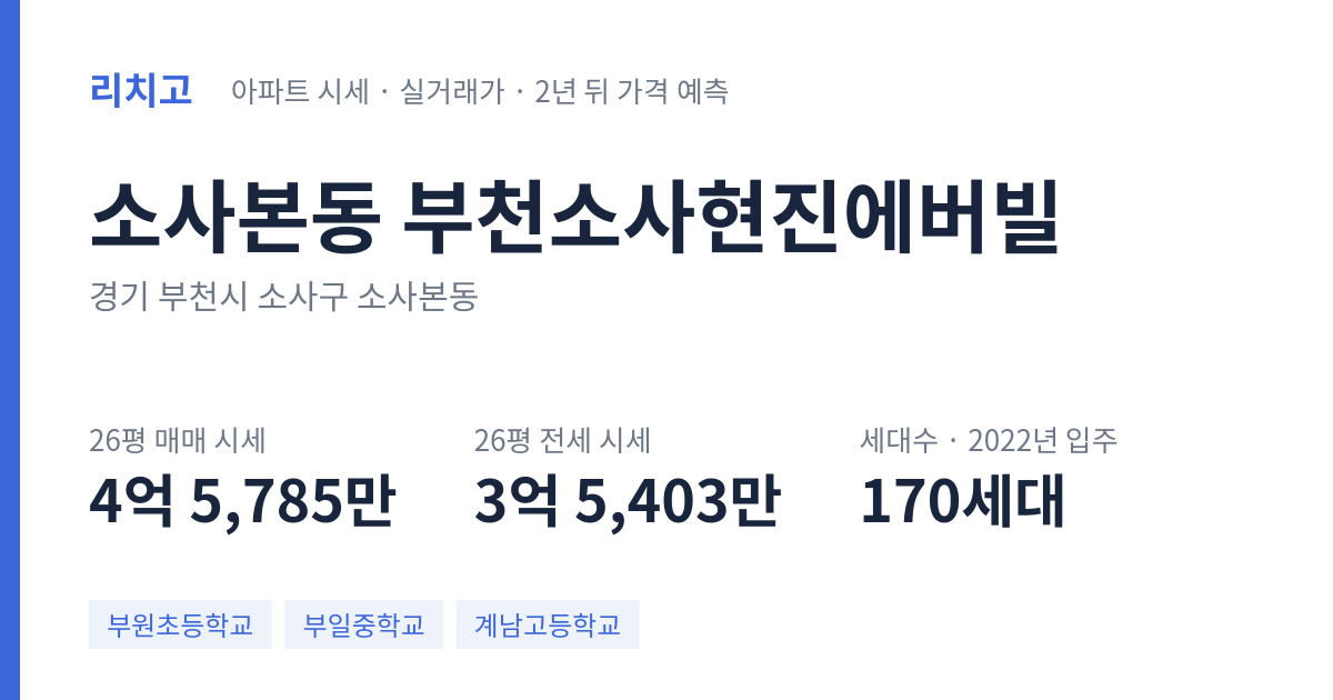 부천소사현진에버빌 아파트 요약 카드 — 대표 평형 매매·전세 시세, 세대수, 입주 연도