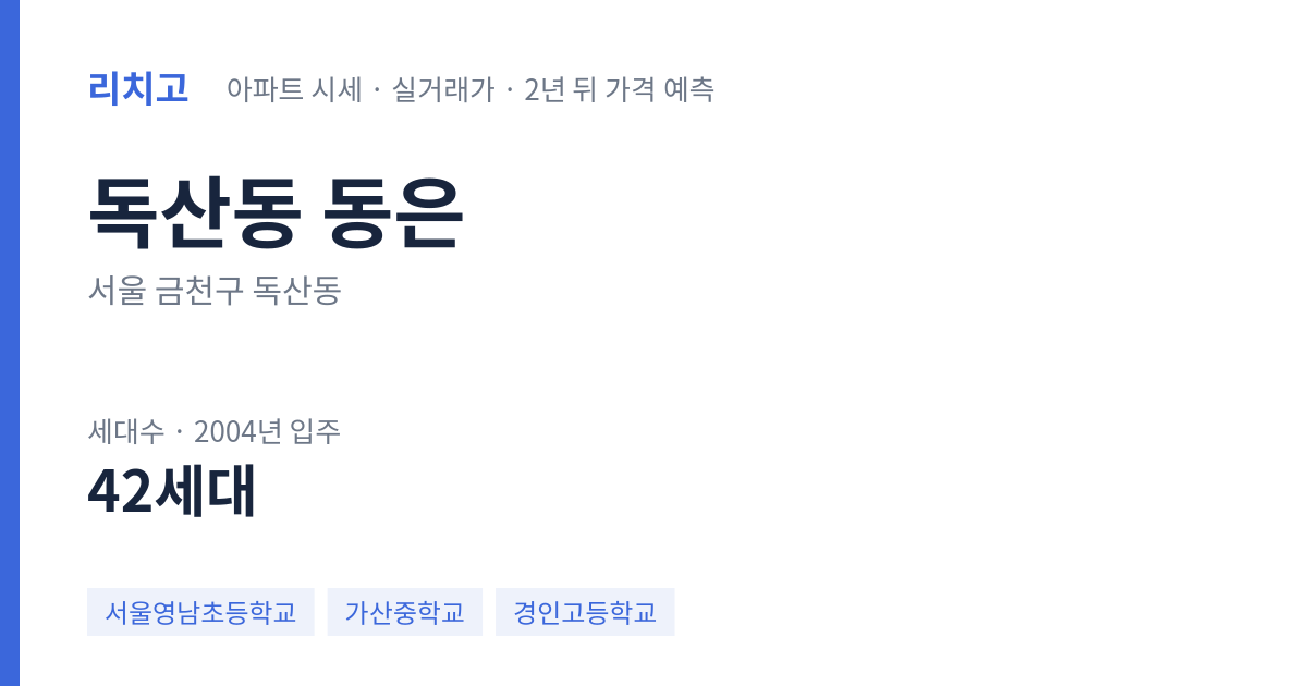 동은 아파트 요약 카드 — 대표 평형 매매·전세 시세, 세대수, 입주 연도