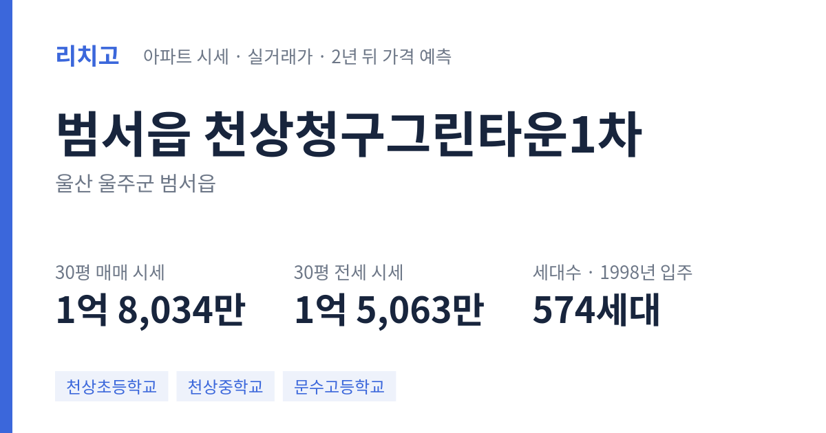 천상청구그린타운1차 아파트 요약 카드 — 대표 평형 매매·전세 시세, 세대수, 입주 연도