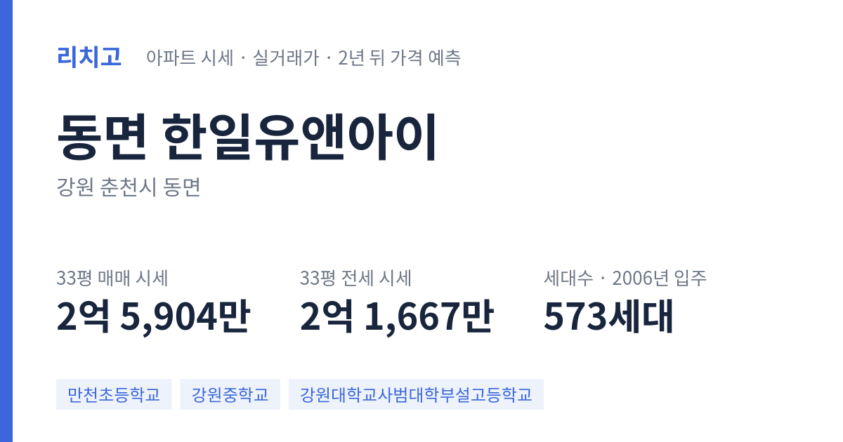 한일유앤아이 아파트 요약 카드 — 대표 평형 매매·전세 시세, 세대수, 입주 연도