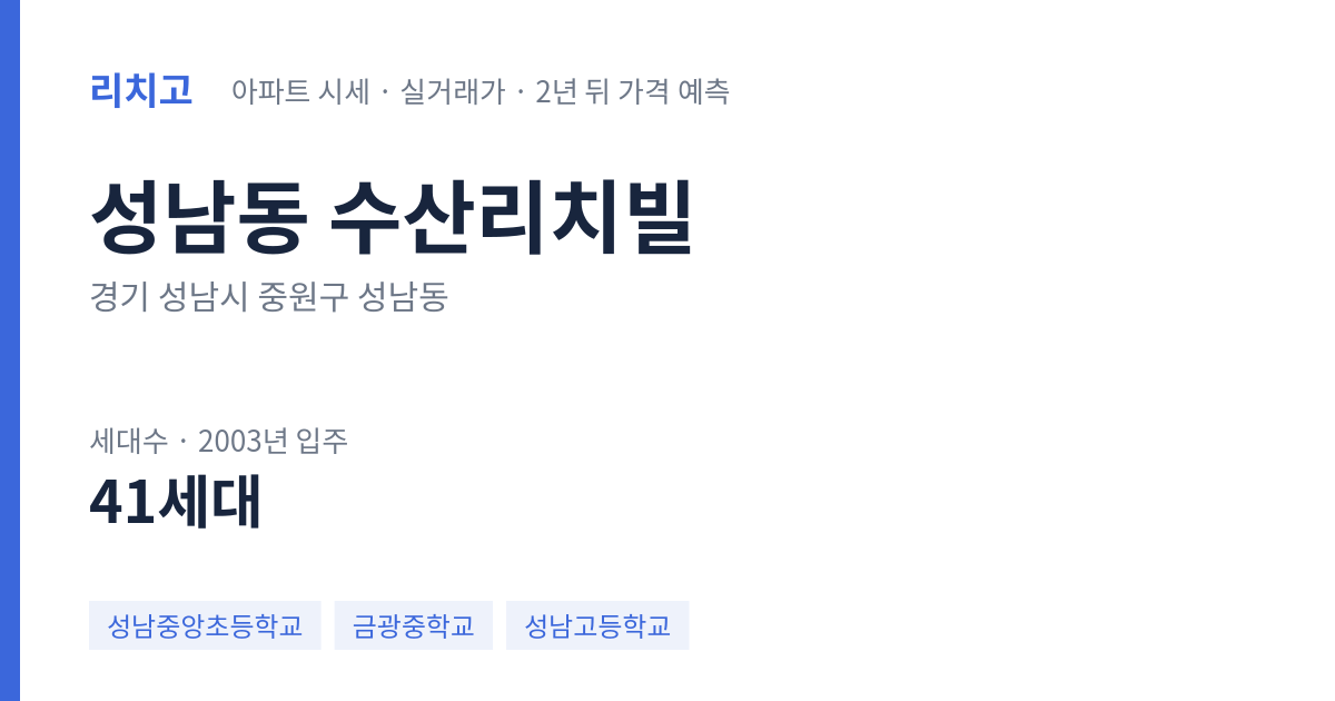 수산리치빌 아파트 요약 카드 — 대표 평형 매매·전세 시세, 세대수, 입주 연도