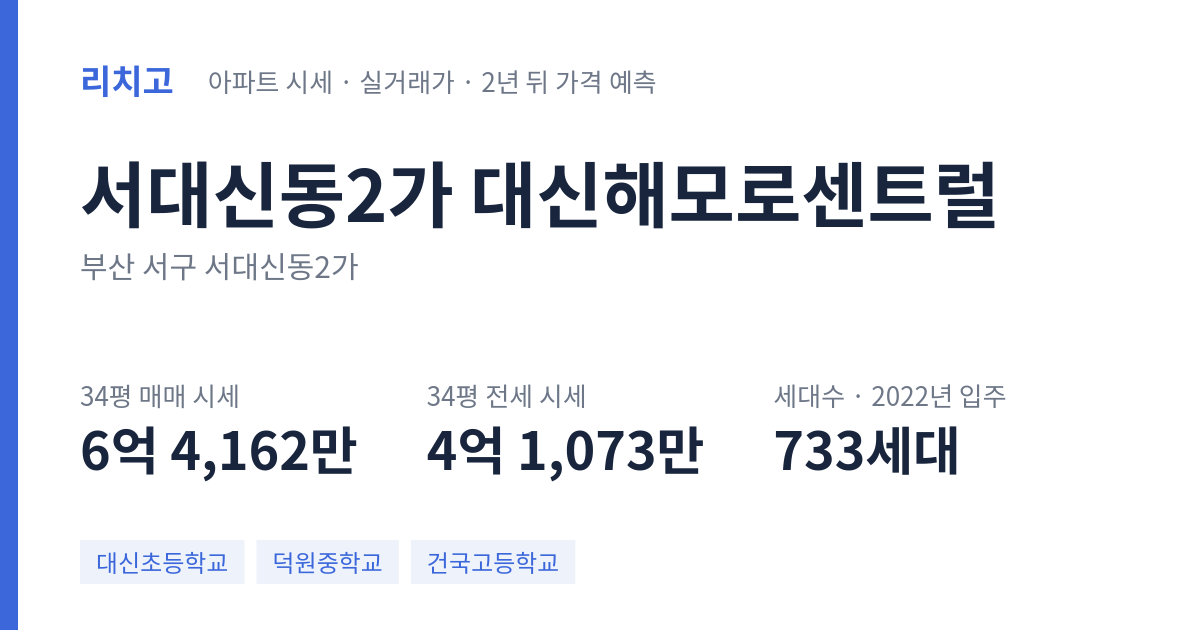 대신해모로센트럴 아파트 요약 카드 — 대표 평형 매매·전세 시세, 세대수, 입주 연도