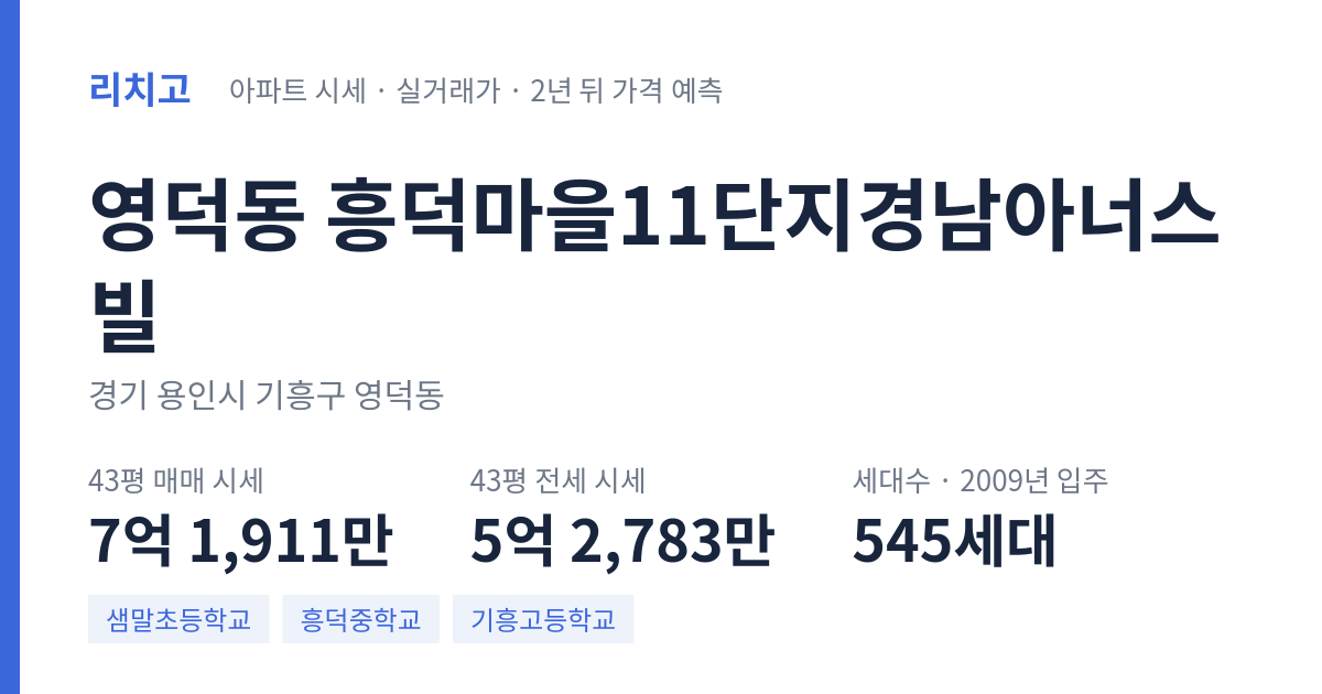 흥덕마을11단지경남아너스빌 아파트 요약 카드 — 대표 평형 매매·전세 시세, 세대수, 입주 연도