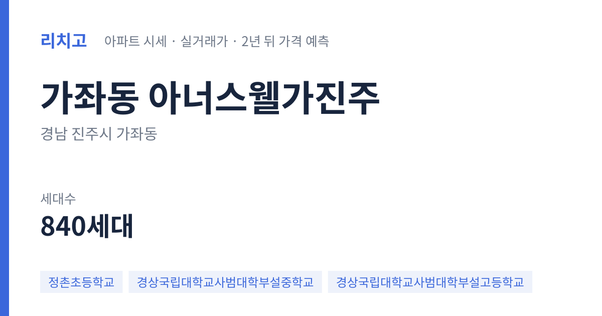 아너스웰가진주 아파트 요약 카드 — 대표 평형 매매·전세 시세, 세대수, 입주 연도