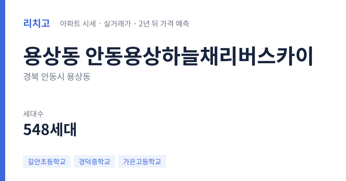 안동용상하늘채리버스카이 아파트 요약 카드 — 대표 평형 매매·전세 시세, 세대수, 입주 연도