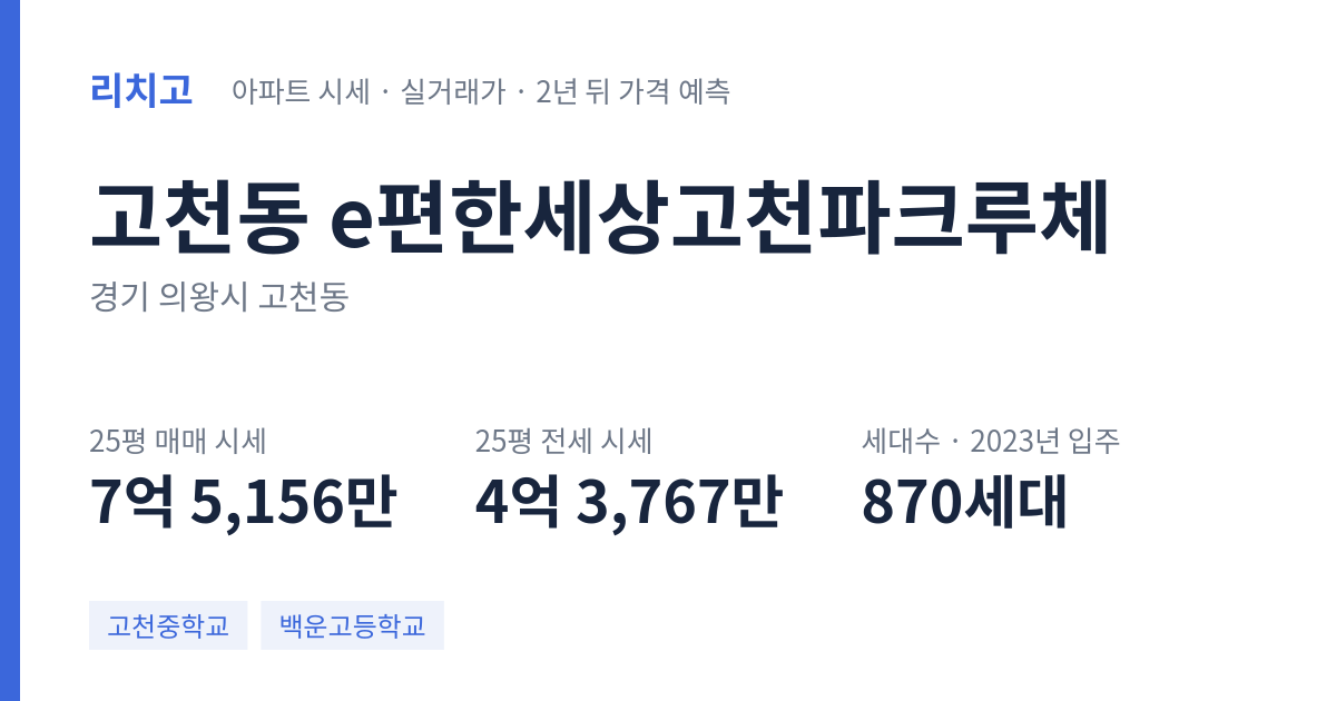 e편한세상고천파크루체 아파트 요약 카드 — 대표 평형 매매·전세 시세, 세대수, 입주 연도