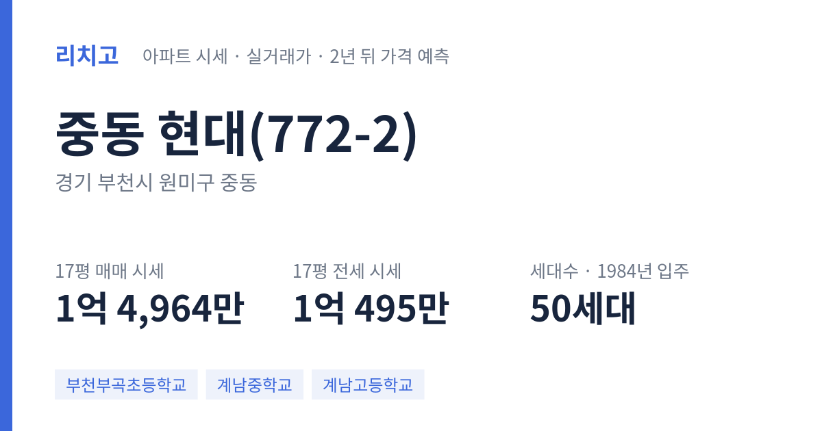 현대(772-2) 아파트 요약 카드 — 대표 평형 매매·전세 시세, 세대수, 입주 연도