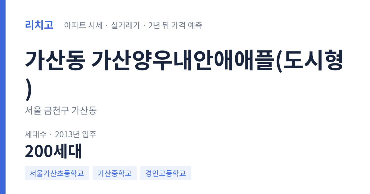가산양우내안애애플(도시형) 아파트 요약 카드 — 대표 평형 매매·전세 시세, 세대수, 입주 연도
