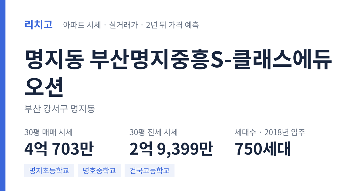 부산명지중흥S-클래스에듀오션 아파트 요약 카드 — 대표 평형 매매·전세 시세, 세대수, 입주 연도