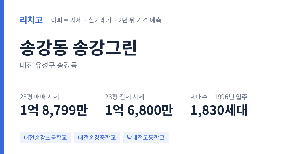 송강그린 아파트 요약 카드 — 대표 평형 매매·전세 시세, 세대수, 입주 연도