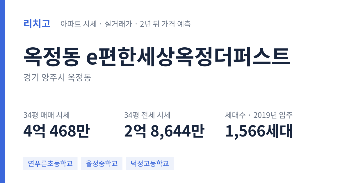 e편한세상옥정더퍼스트 아파트 요약 카드 — 대표 평형 매매·전세 시세, 세대수, 입주 연도