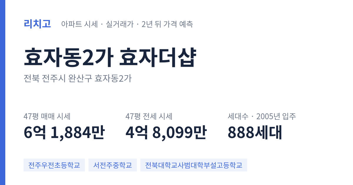 효자더샵 아파트 요약 카드 — 대표 평형 매매·전세 시세, 세대수, 입주 연도