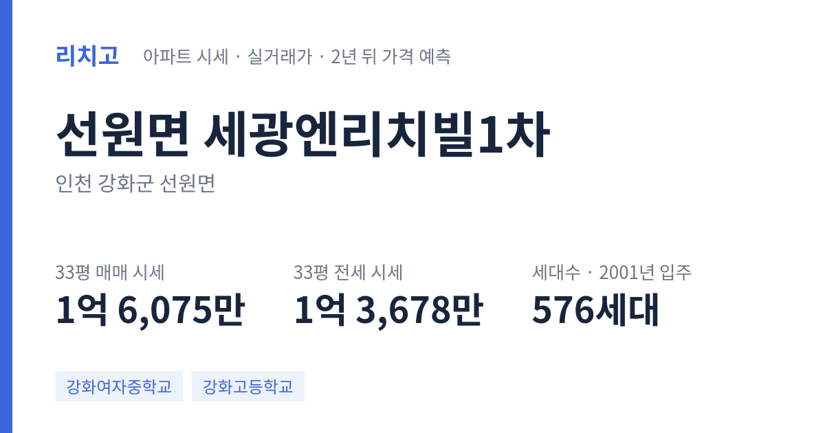 세광엔리치빌1차 아파트 요약 카드 — 대표 평형 매매·전세 시세, 세대수, 입주 연도