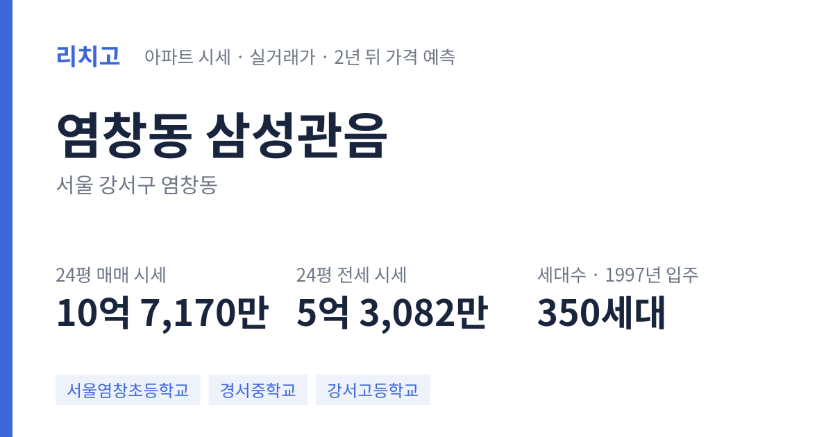 삼성관음 아파트 요약 카드 — 대표 평형 매매·전세 시세, 세대수, 입주 연도