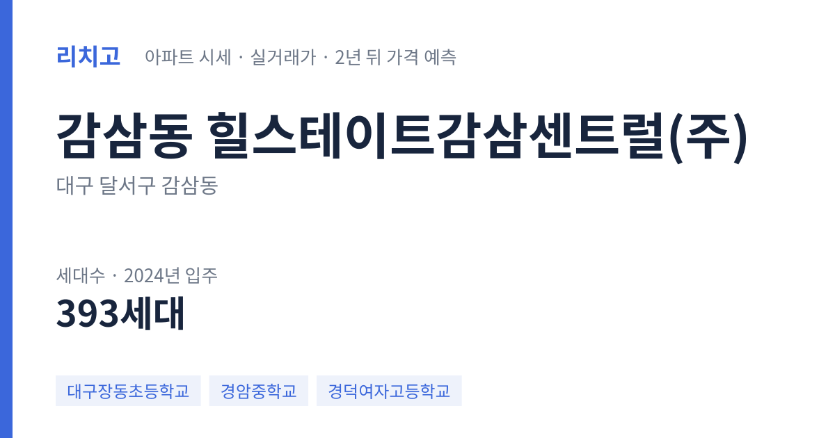 힐스테이트감삼센트럴(주) 아파트 요약 카드 — 대표 평형 매매·전세 시세, 세대수, 입주 연도