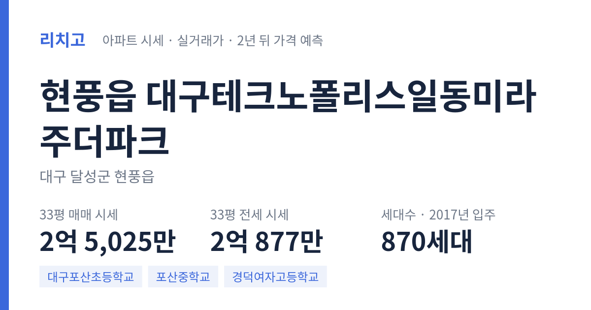 대구테크노폴리스일동미라주더파크 아파트 요약 카드 — 대표 평형 매매·전세 시세, 세대수, 입주 연도