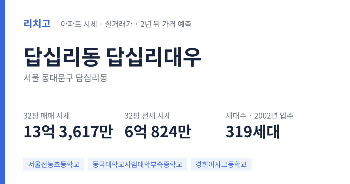 답십리대우 아파트 요약 카드 — 대표 평형 매매·전세 시세, 세대수, 입주 연도