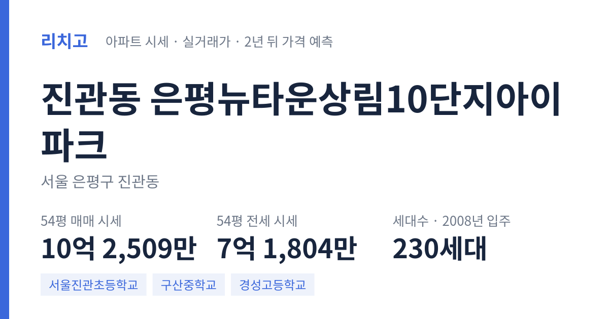 은평뉴타운상림10단지아이파크 아파트 요약 카드 — 대표 평형 매매·전세 시세, 세대수, 입주 연도