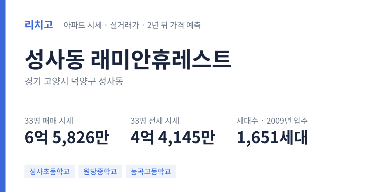 래미안휴레스트 아파트 요약 카드 — 대표 평형 매매·전세 시세, 세대수, 입주 연도