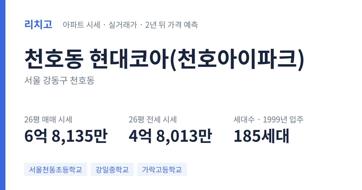 현대코아(천호아이파크) 아파트 요약 카드 — 대표 평형 매매·전세 시세, 세대수, 입주 연도