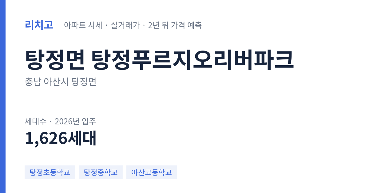 탕정푸르지오리버파크 아파트 요약 카드 — 대표 평형 매매·전세 시세, 세대수, 입주 연도
