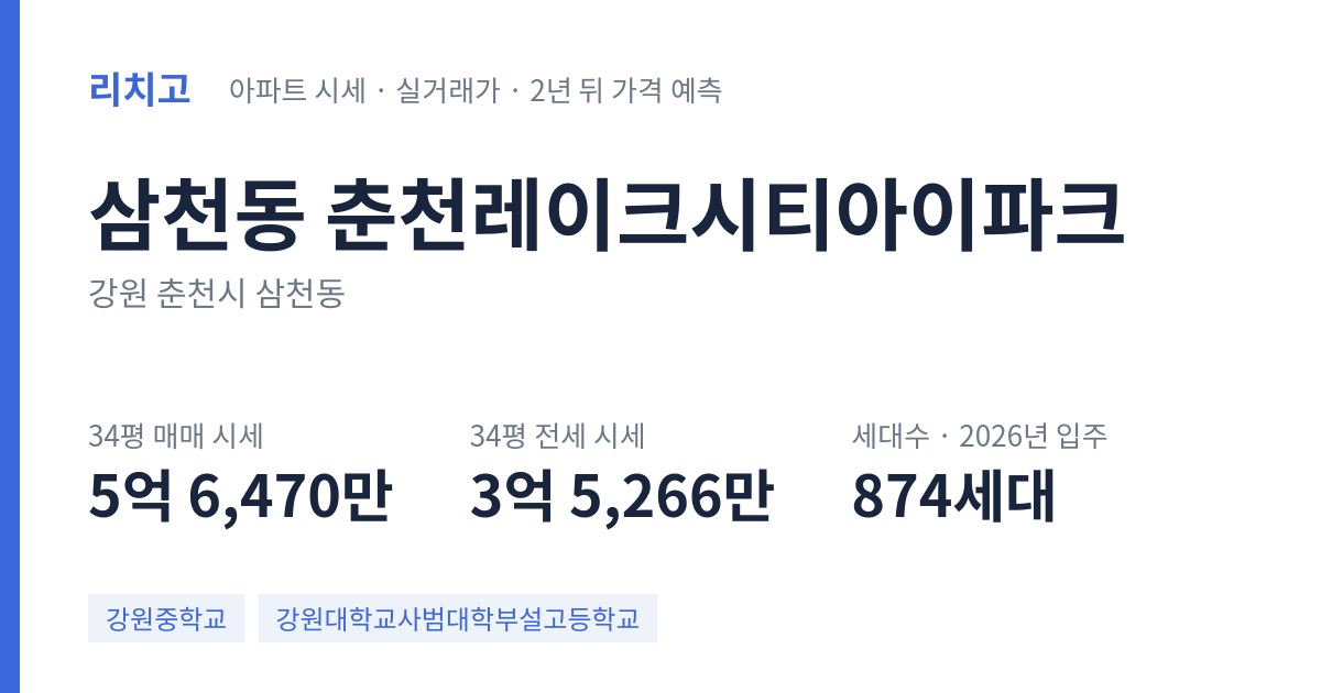 춘천레이크시티아이파크 아파트 요약 카드 — 대표 평형 매매·전세 시세, 세대수, 입주 연도