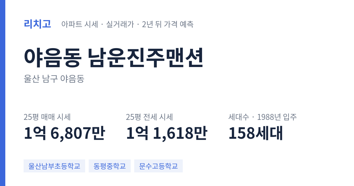 남운진주맨션 아파트 요약 카드 — 대표 평형 매매·전세 시세, 세대수, 입주 연도