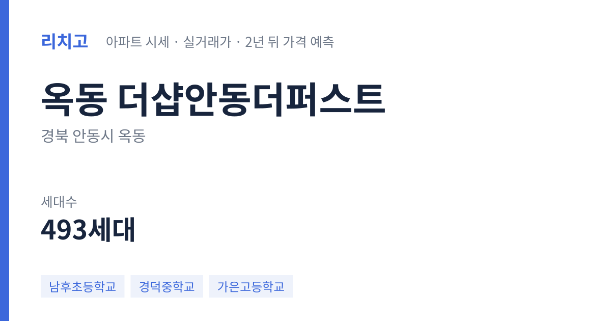 더샵안동더퍼스트 아파트 요약 카드 — 대표 평형 매매·전세 시세, 세대수, 입주 연도