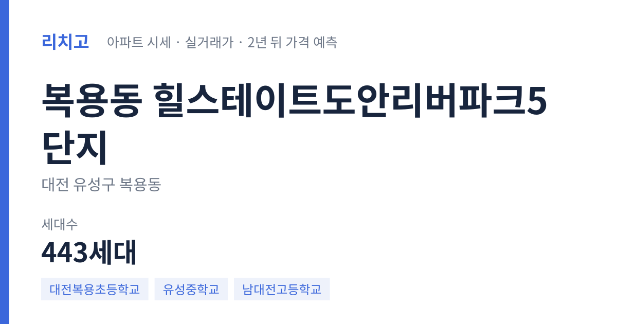 힐스테이트도안리버파크5단지 아파트 요약 카드 — 대표 평형 매매·전세 시세, 세대수, 입주 연도