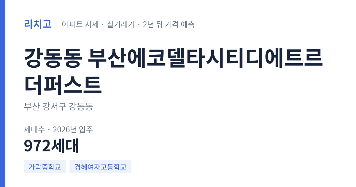 부산에코델타시티디에트르더퍼스트 아파트 요약 카드 — 대표 평형 매매·전세 시세, 세대수, 입주 연도