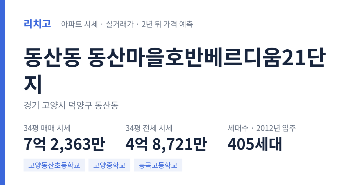 동산마을호반베르디움21단지 아파트 요약 카드 — 대표 평형 매매·전세 시세, 세대수, 입주 연도