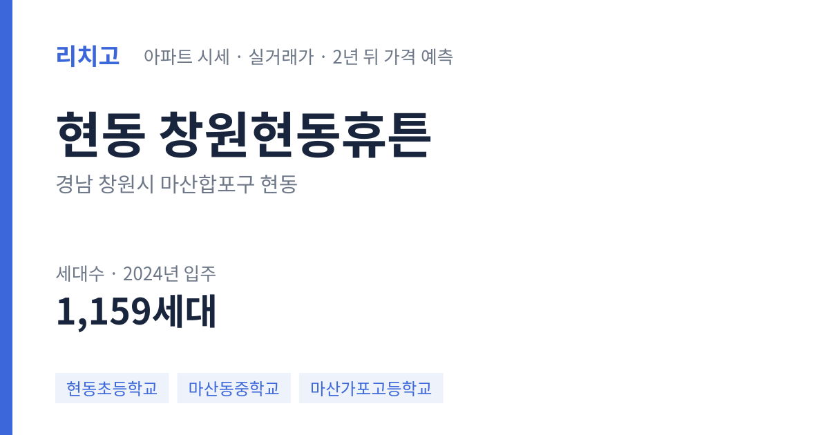 창원현동휴튼 아파트 요약 카드 — 대표 평형 매매·전세 시세, 세대수, 입주 연도