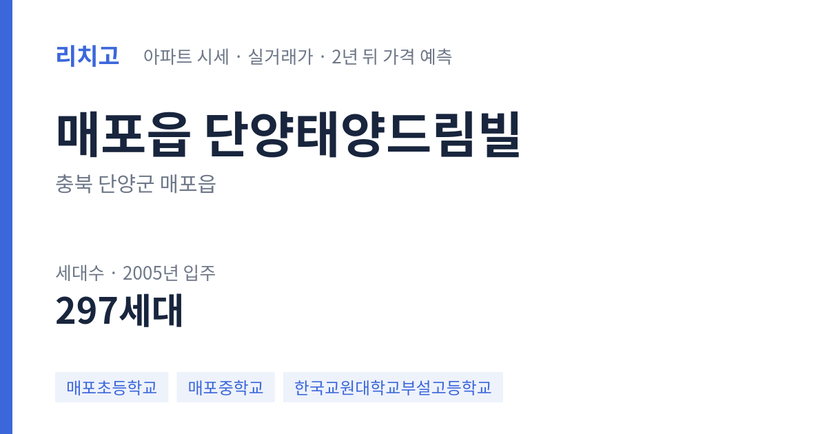 단양태양드림빌 아파트 요약 카드 — 대표 평형 매매·전세 시세, 세대수, 입주 연도