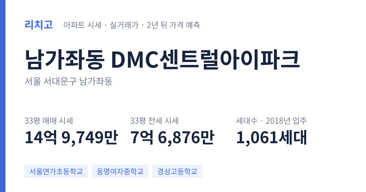 DMC센트럴아이파크 아파트 요약 카드 — 대표 평형 매매·전세 시세, 세대수, 입주 연도