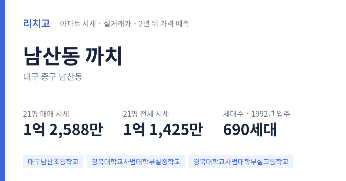 까치 아파트 요약 카드 — 대표 평형 매매·전세 시세, 세대수, 입주 연도