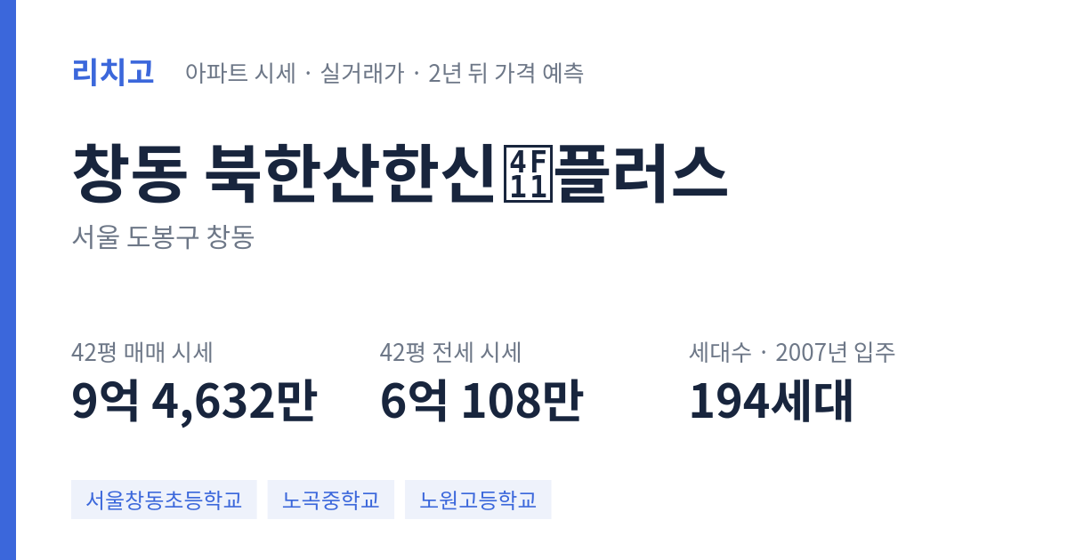 북한산한신休플러스 아파트 요약 카드 — 대표 평형 매매·전세 시세, 세대수, 입주 연도