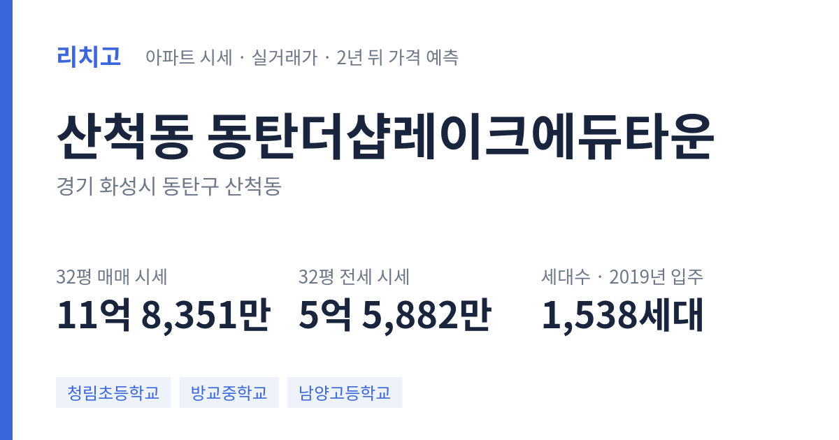 동탄더샵레이크에듀타운 아파트 요약 카드 — 대표 평형 매매·전세 시세, 세대수, 입주 연도