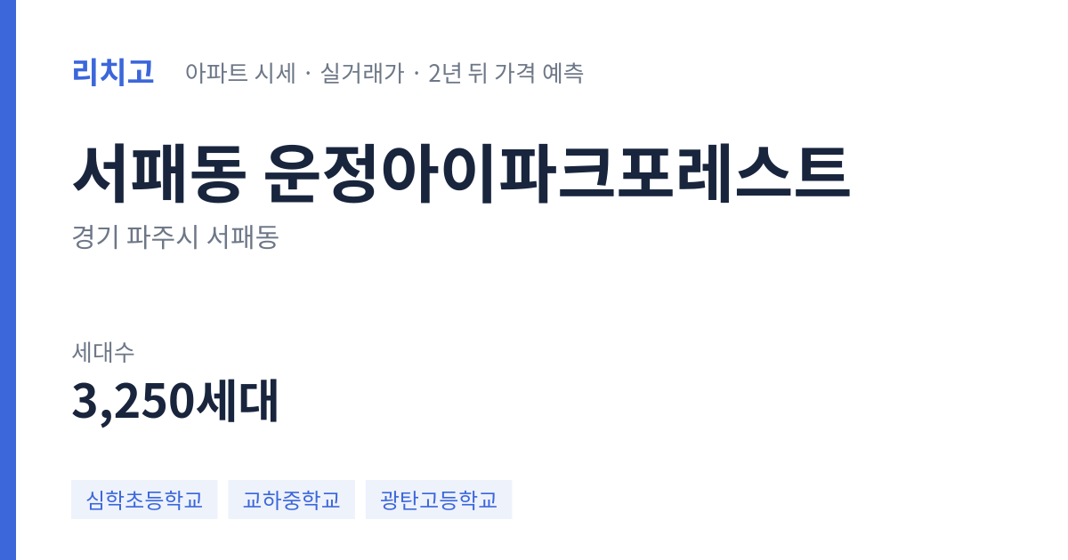 운정아이파크포레스트 아파트 요약 카드 — 대표 평형 매매·전세 시세, 세대수, 입주 연도