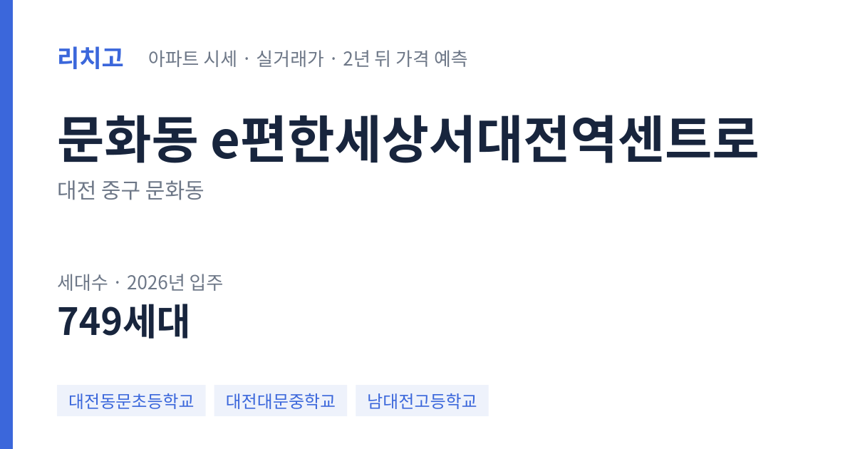 e편한세상서대전역센트로 아파트 요약 카드 — 대표 평형 매매·전세 시세, 세대수, 입주 연도