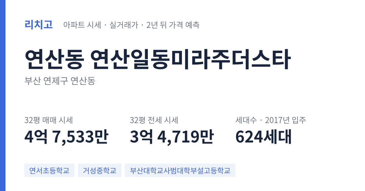 연산일동미라주더스타 아파트 요약 카드 — 대표 평형 매매·전세 시세, 세대수, 입주 연도