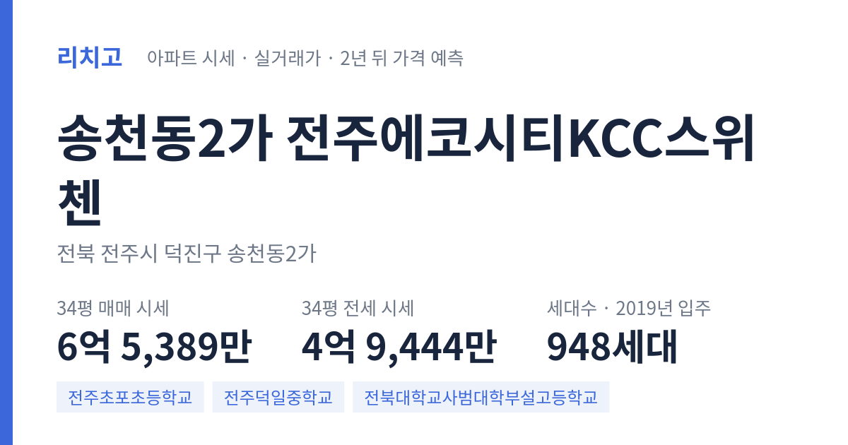 전주에코시티KCC스위첸 아파트 요약 카드 — 대표 평형 매매·전세 시세, 세대수, 입주 연도