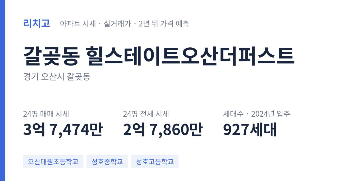 힐스테이트오산더퍼스트 아파트 요약 카드 — 대표 평형 매매·전세 시세, 세대수, 입주 연도