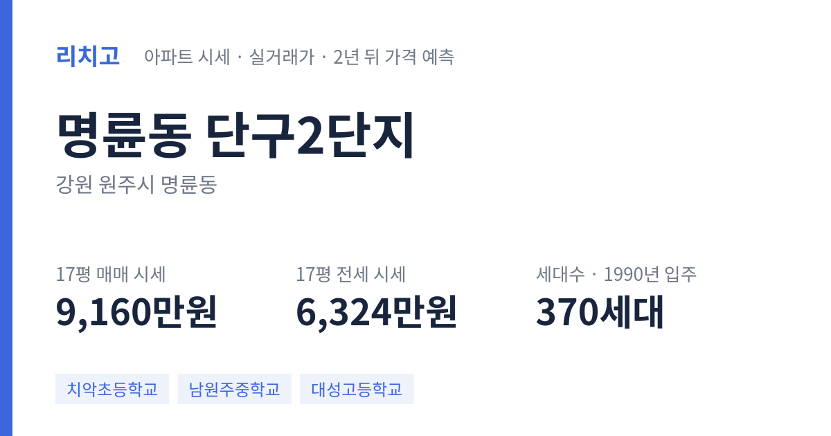 단구2단지 아파트 요약 카드 — 대표 평형 매매·전세 시세, 세대수, 입주 연도