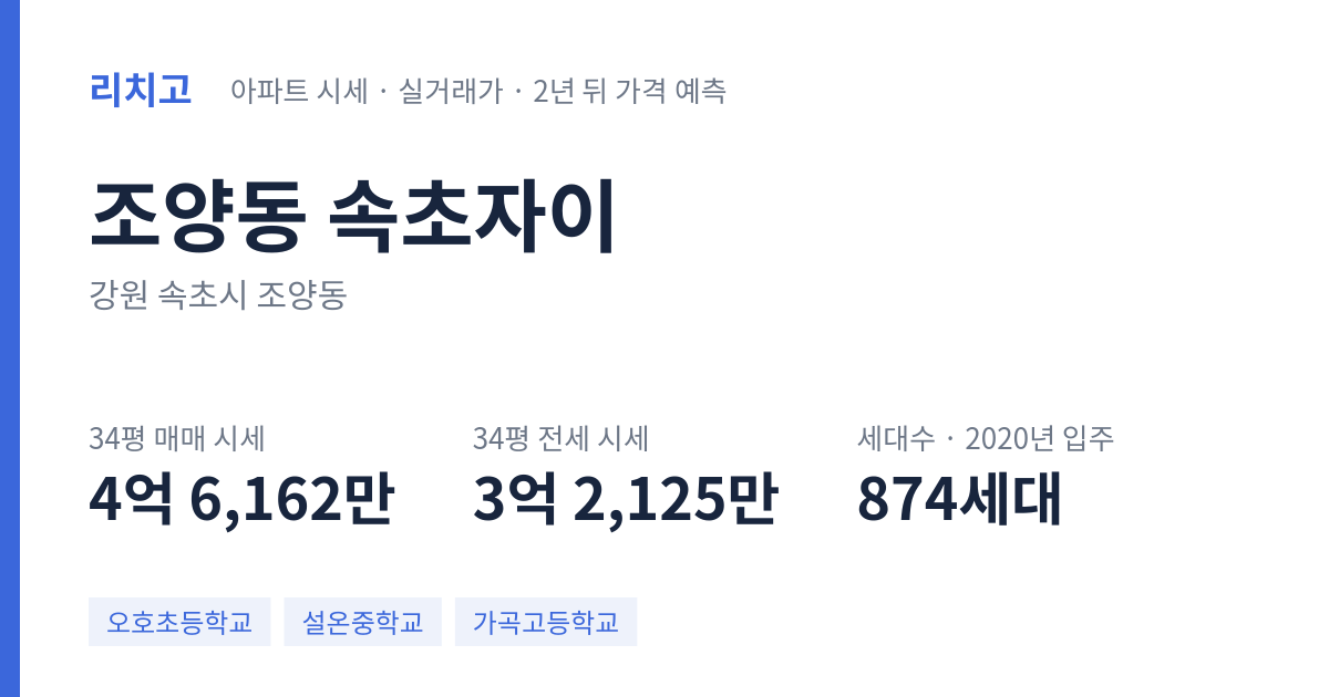 속초자이 아파트 요약 카드 — 대표 평형 매매·전세 시세, 세대수, 입주 연도