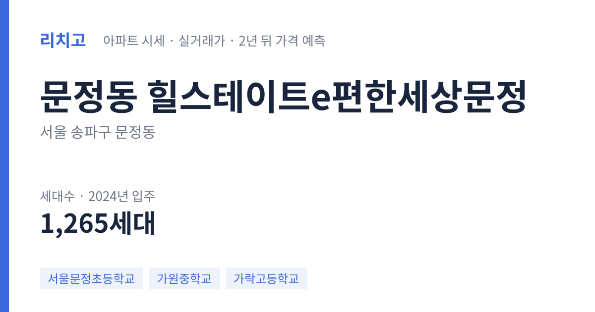 힐스테이트e편한세상문정 아파트 요약 카드 — 대표 평형 매매·전세 시세, 세대수, 입주 연도