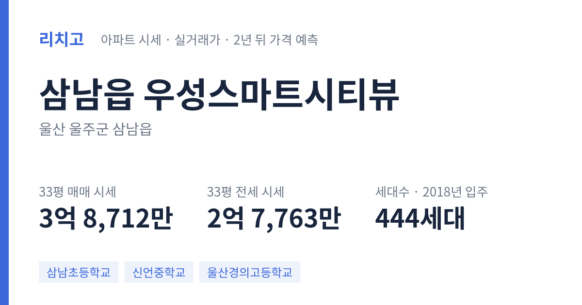 우성스마트시티뷰 아파트 요약 카드 — 대표 평형 매매·전세 시세, 세대수, 입주 연도