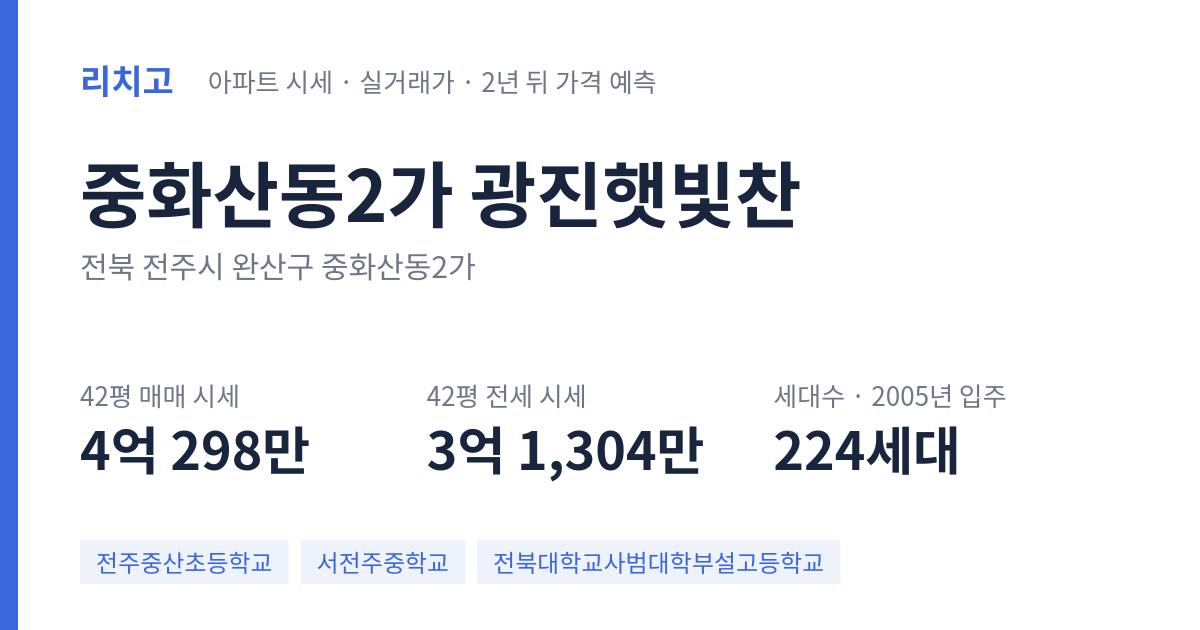 광진햇빛찬 아파트 요약 카드 — 대표 평형 매매·전세 시세, 세대수, 입주 연도