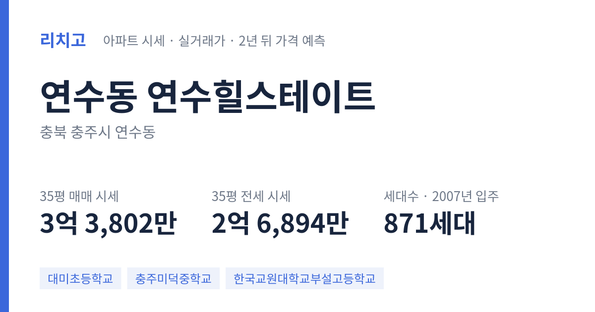 연수힐스테이트 아파트 요약 카드 — 대표 평형 매매·전세 시세, 세대수, 입주 연도