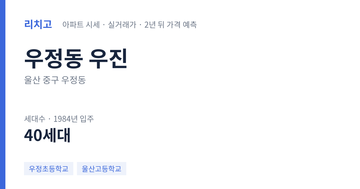 우진 아파트 요약 카드 — 대표 평형 매매·전세 시세, 세대수, 입주 연도