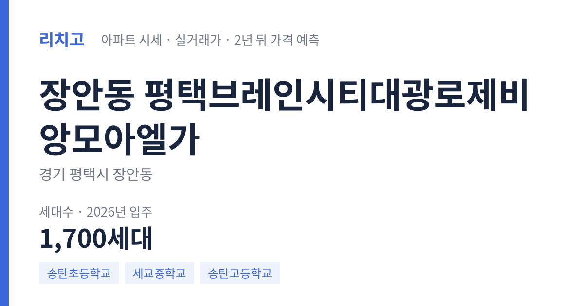평택브레인시티대광로제비앙모아엘가 아파트 요약 카드 — 대표 평형 매매·전세 시세, 세대수, 입주 연도